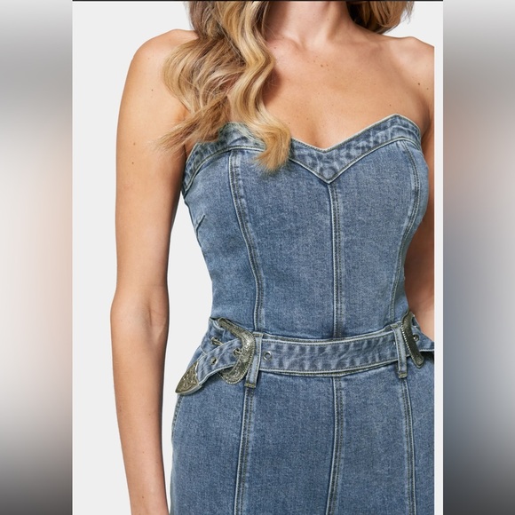 BEBE Belted Sweetheart Denim Jumpsuit - River Blue Wash - Picture 4 of 6